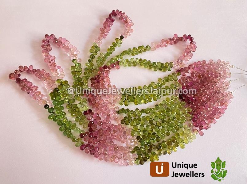 Multi Pink & Green Tourmaline Faceted Drops Beads