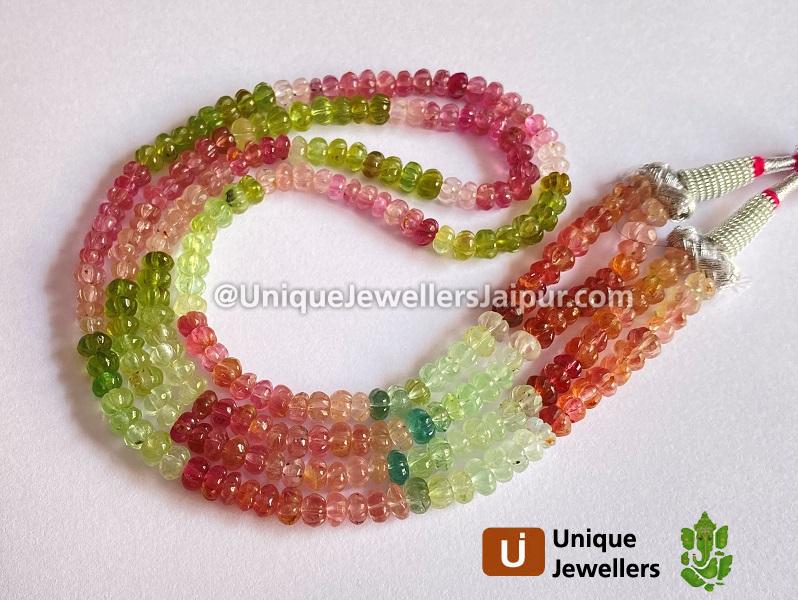 Multi Pink & Green Tourmaline Carved Pumpkin Beads