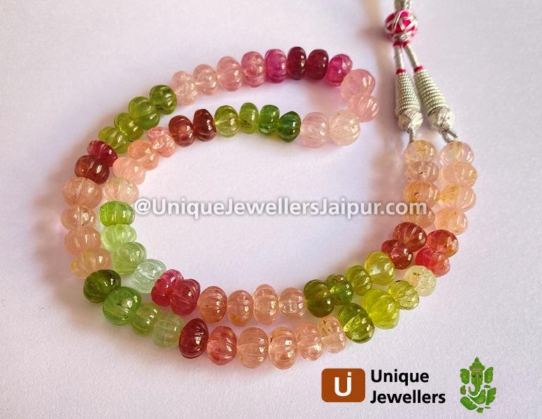 Multi Pink & Green Tourmaline Far Carved Pumpkin Beads