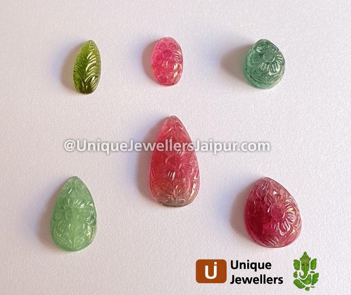 Pink & Green Tourmaline Flower Carved Mix Shapes