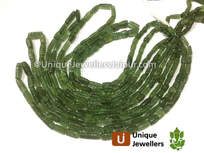 Green Tourmaline Carved Barrel Beads