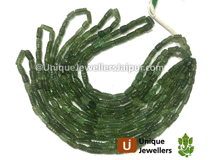 Bluish Green Tourmaline Carved Barrel Beads